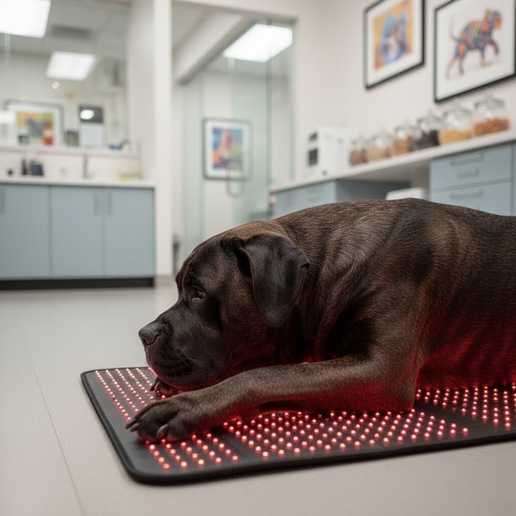 A small dog resting comfortably in a fluffy bed on the glowing red Pet Mat