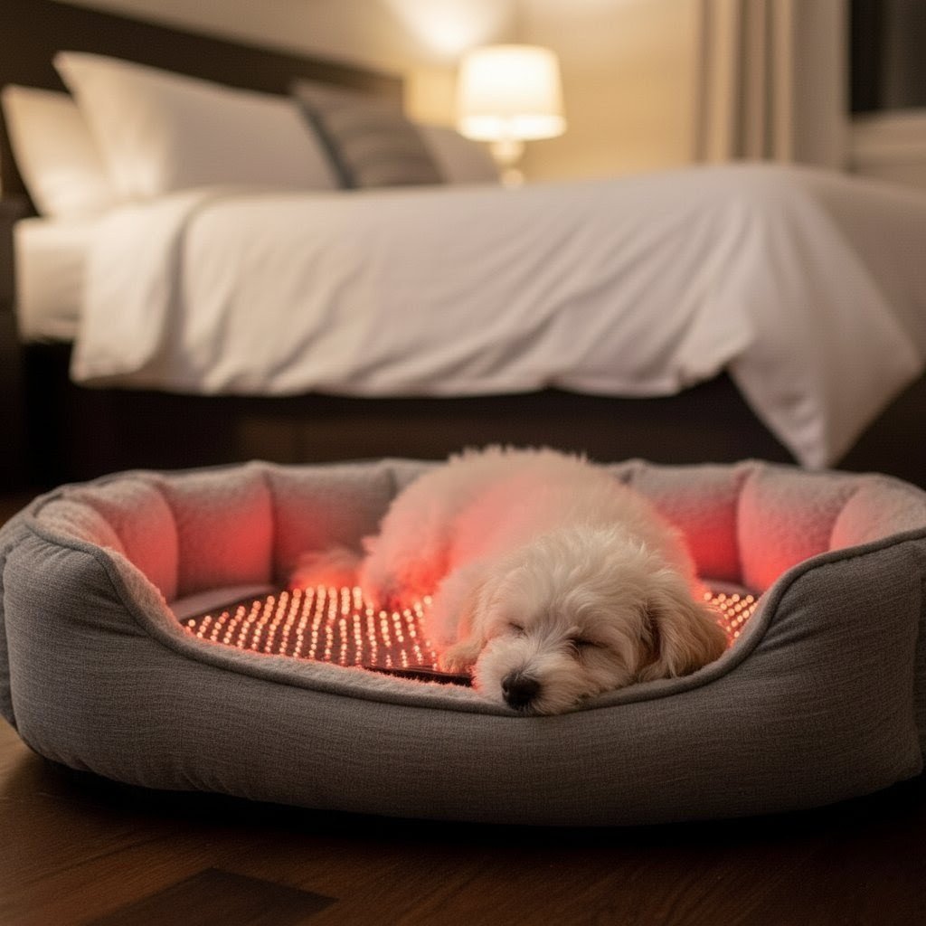 Happy dog relaxing in a pet bed with the glowing red Pet Mat