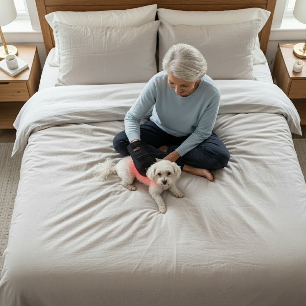 PBM Pet Mitt being held over a pet's joint