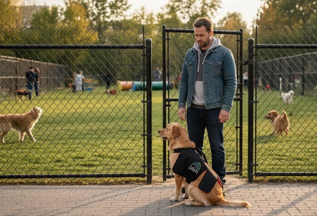 A small poodle relaxing on a glowing red PBM Pet Mat